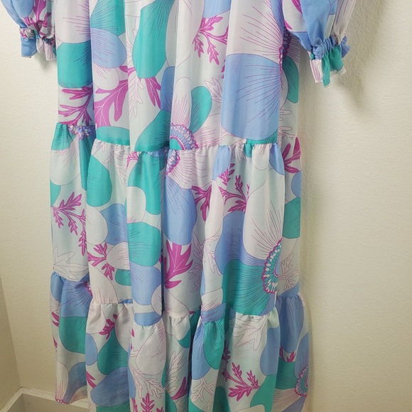 J Marie Mia Rae Long Sleeve Maxi Dress Floral Print Blue Teal Pink   S - Picture 8 of 16